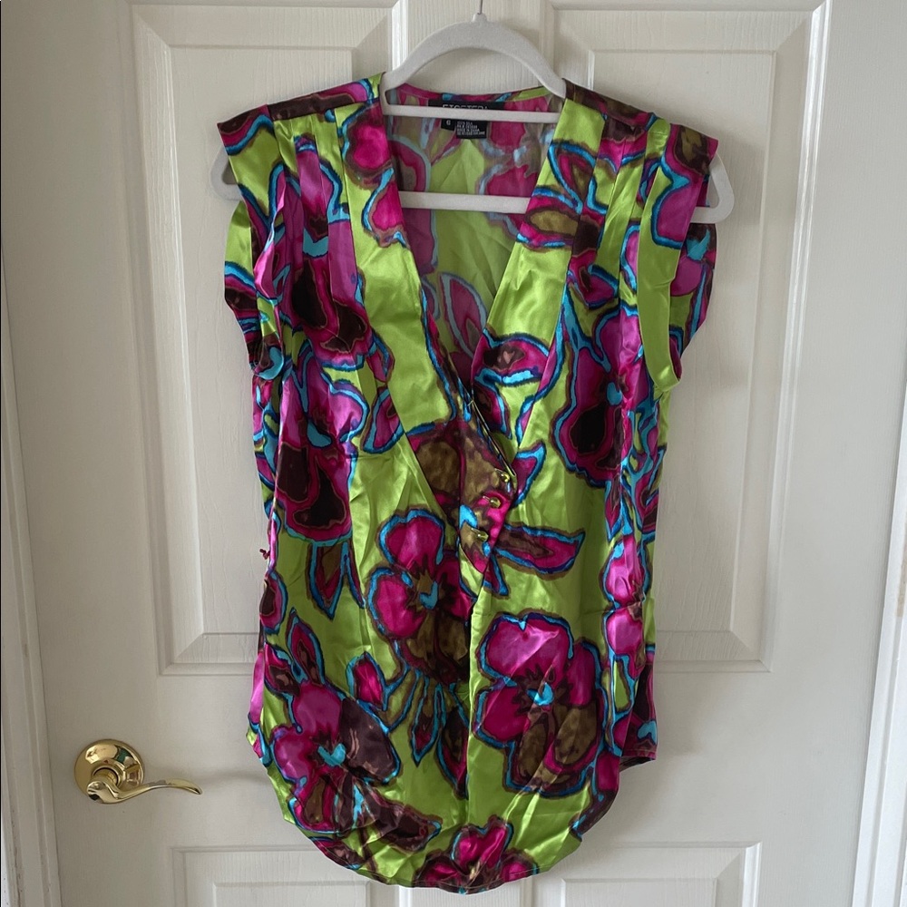 Etcetera Vintage Floral Satin Blouse in Lime and Magenta